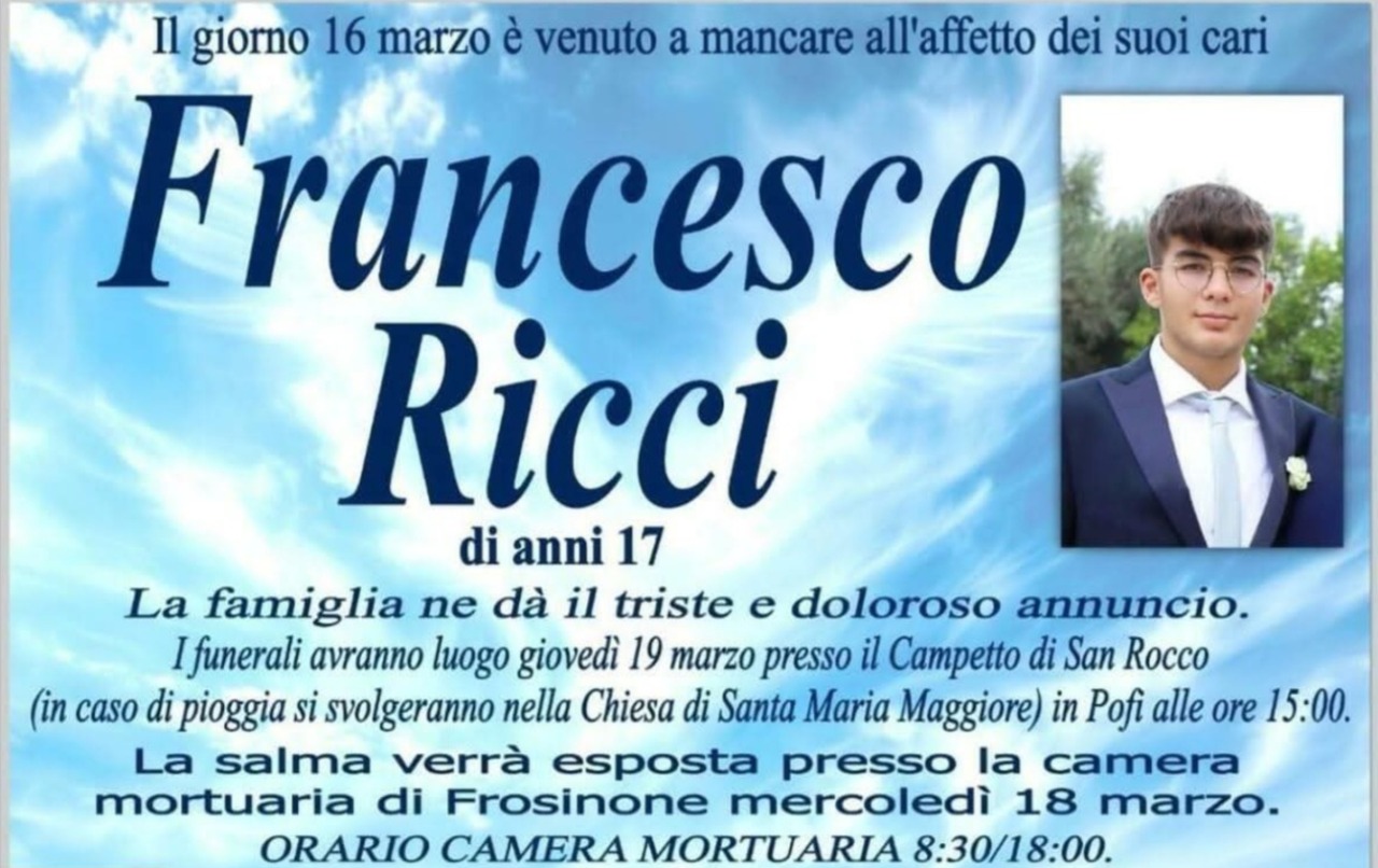 Funerali di Francesco Ricci, il 17enne trovato senza vita