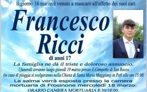 Funerali di Francesco Ricci, il 17enne trovato senza vita